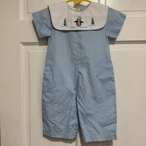 12 Month Christmas Jon Jon Collar White Blue Shorts Penguin Outfit One Piece